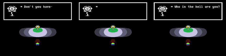 3 pictures in sequence, all showing the unused human encountering flowey. In the first panel, Flowey says, 'Don't You Have-'
  The second box is blank. The third text box says, 'Who in the hell are you?'