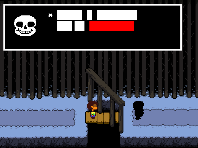 The bridge near the exit of the ruins. Sans is in front of the human, saying something. The text is illegible.'
  The second box is blank. The third text box says, 'Who in the hell are you?'